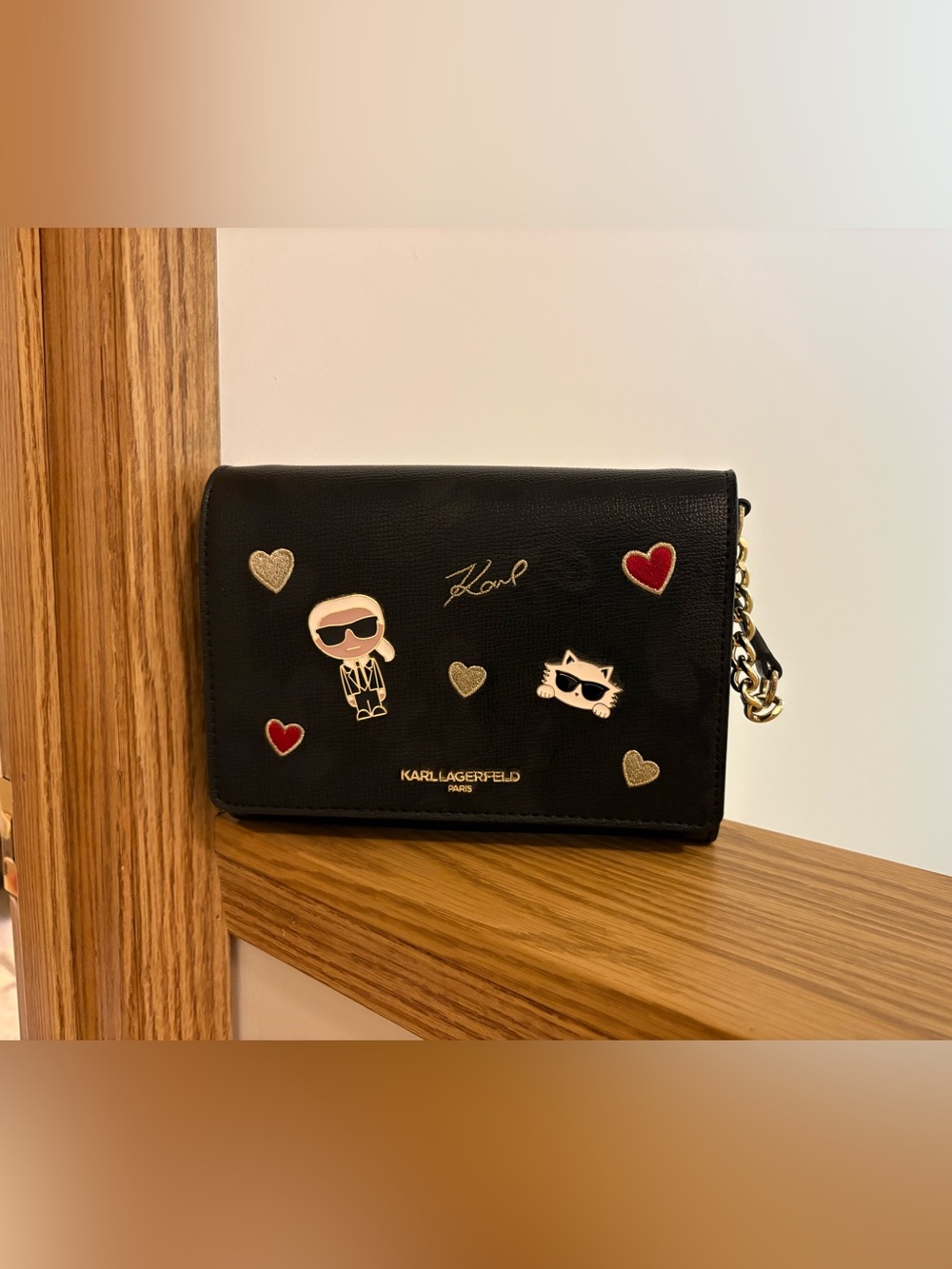 Karl Lagerfeld Black Crossbody with Gold Chain & Patch Hearts
